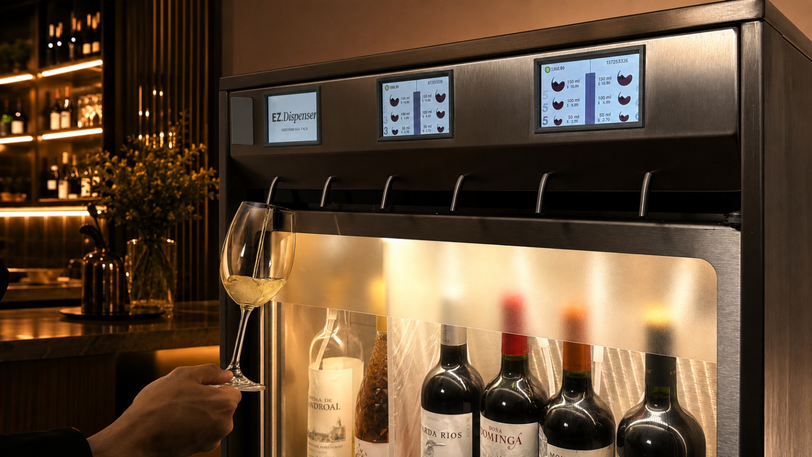 Wine Dispenser automático da EZ.Dispenser servindo vinho por taça